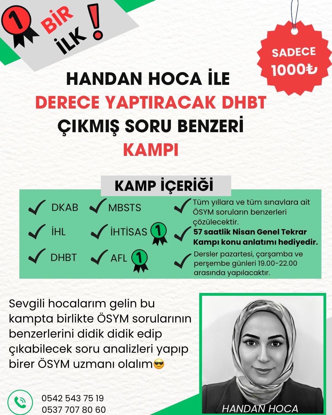 HANDAN HOCA İLE  DERECE YAPTIRACAK DHBT ÇIKMIŞ SORU BENZERİ KAMPI
